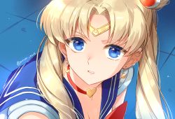 1girl bad_id bad_pixiv_id bishoujo_senshi_sailor_moon bishoujo_senshi_sailor_moon_s blonde_hair blue_eyes blue_sailor_collar breasts choker circlet cleavage crescent crescent_earrings earrings hair_bun hair_intakes hair_ornament heart heart_choker jewelry long_hair looking_at_viewer meme parted_lips red_choker sailor_collar sailor_moon sailor_moon_redraw_challenge_(meme) sailor_senshi_uniform shirt single_hair_bun small_breasts solo sparkle trianon twitter_username upper_body white_shirt