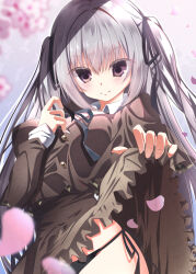 &gt;:) 1girl absurdres black_panties black_ribbon blue_ribbon blurry blush breasts brown_jacket brown_skirt buttons cherry_blossoms closed_mouth clothes_lift collared_shirt colored_eyelashes commentary_request cowboy_shot depth_of_field eyelashes eyes_visible_through_hair falling_petals film_grain grey_hair hair_between_eyes hair_ribbon hands_up highres jacket large_breasts lifting_own_clothes long_hair long_sleeves looking_at_viewer nakamura_reika neck_ribbon panties petals purple_eyes ribbon sakura_no_uta school_uniform shirt side-tie_panties skirt skirt_lift smile solo split_mouth spring_(season) straight_hair sukonbu385 two_side_up underwear v-shaped_eyebrows very_long_hair watermark white_shirt