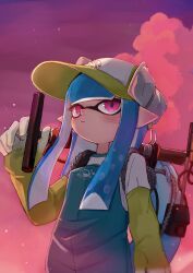 1girl aqua_jumpsuit baseball_cap blue_hair closed_mouth cloud commentary_request gloves green_gloves hat highres inkling inkling_girl inkling_player_character lifebuoy long_hair nintendo pink_eyes pink_sky pointy_ears print_hat rubber_gloves salmon_run_(splatoon) sky solo splatoon_(series) splatoon_3 standing swim_ring tentacle_hair yake_zake