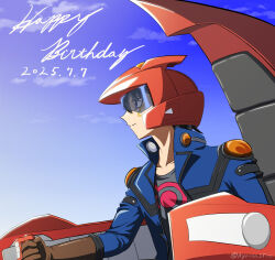 Rule 34 | 1boy, absurdres, black shirt, blue jacket, blue sky, brown gloves, d-wheel, dated, english text, facial mark, fudo yusei, gloves, happy birthday, helmet, highres, jacket, kyrion, male focus, profile, red helmet, riding, shirt, sky, smile, solo, upper body, yu-gi-oh!, yu-gi-oh! 5d&#039;s