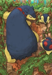 animal_focus aomon_(yuuji7604) climbing closed_eyes commentary_request creatures_(company) cyndaquil game_freak gen_2_pokemon highres leaf looking_at_another moss nintendo no_humans pokemon pokemon_(creature) pokemon_focus red_eyes typhlosion