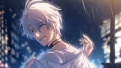 1boy alternate_costume antenna_hair black_choker blue_eyes blurry blurry_background chinese_commentary choker highres honkai:_star_rail honkai_(series) koshikun looking_at_viewer male_focus neck_tattoo night night_sky phainon_(honkai:_star_rail) rain shirt short_hair sky solo sun_symbol sun_tattoo tan tattoo white_hair white_shirt