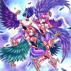 3girls absurdres artist_name bare_shoulders blue_hair breasts choker claws cleavage clip_studio_paint_(medium) commentary derivative_work duel_monster energy_whip english_commentary feathered_wings feathers gradient_hair green_eyes green_feathers harpie_lady harpie_lady_#1 harpie_lady_#2 harpie_lady_#3 harpie_lady_1 harpie_lady_sisters harpy highres long_hair medium_breasts monster_girl multicolored_hair multiple_girls orange_hair pink_hair pinkpio1 pointy_ears purple_feathers purple_hair short_hair siblings sisters spiked_hair talons very_long_hair whip winged_arms wings yu-gi-oh!