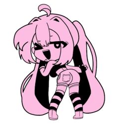 Rule 34 | &gt; &lt;, 1girl, :3, ahoge, animated, animated gif, ass, back, bonbon (bonzomcbonbon), boots, breasts, chibi, chibi only, crop top, dot nose, from behind, hair between eyes, hair intakes, heart, heart-shaped pupils, ketchup (bonzomcbonbon), large breasts, long hair, one eye closed, open mouth, original, shirt, shorts, simple background, solo, striped clothes, striped thighhighs, symbol-shaped pupils, thighhighs, twintails, very long hair, white background