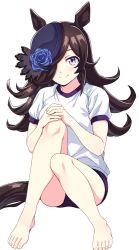 1girl animal_ears bare_legs barefoot brown_hair buruma feet gym_uniform hair_over_one_eye hat highres horse_ears horse_girl horse_tail looking_at_viewer ponzu_rui purple_buruma purple_eyes rice_shower_(umamusume) smile tail toes umamusume white_background