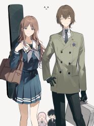 2boys 2girls :d ^_^ absurdres akechi_gorou amamiya_ren ameinu arm_behind_back bag bang_dream! bang_dream!_it&#039;s_mygo!!!!! black_gloves black_hair black_jacket black_necktie black_pants blazer blue_eyes briefcase brown_bag brown_coat brown_hair buttons chibi chibi_inset chihaya_anon chinese_commentary closed_eyes closed_mouth coat collared_shirt commentary_request contrapposto cowboy_shot crossover double-breasted dress_shirt emoticon glasses gloves green_serafuku green_skirt grey_background grey_jacket grey_neckerchief grin guitar_case hand_in_pocket hand_on_own_hip hands_up haneoka_school_uniform highres holding holding_briefcase instrument_case jacket kaomoji lapels light_blush long_hair long_sleeves looking_at_viewer multiple_boys multiple_girls nagasaki_soyo neckerchief necktie no_mouth notched_lapels opaque_glasses open_mouth pants parted_bangs parted_lips persona persona_5 pink_hair pleated_skirt sailor_collar school_bag school_emblem school_uniform serafuku shirt short_hair shoulder_bag shuujin_academy_school_uniform side-by-side simple_background skirt skirt_set smile straight-on striped_clothes trait_connection tsukinomori_school_uniform vertical-striped_clothes vertical-striped_necktie very_short_hair wavy_hair white_sailor_collar wing_collar winter_uniform