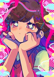 1girl :&lt; absurdres artist_logo borrowed_character brown_hair closed_mouth colored_inner_hair commission commissioner_name flipped_hair flower_in_eye halftone hands_on_own_cheeks hands_on_own_face hands_up heart highres logo looking_ahead medium_hair mochi_(buchumi10) multicolored_hair original pink_background pink_eyes pink_trim purple_hair red_sweater_vest ribbon second-party_source shirt short_sleeves signature skeb_commission solo sparkle sweater_vest swept_bangs symbol_in_eye upper_body white_shirt