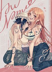 2girls arm_support arm_tattoo bangle bare_shoulders bikini bikini_top_only black_hair blue_pants bracelet breasts brown_eyes character_name cleavage commentary_request denim earrings feet_out_of_frame genderswap genderswap_(mtf) glint hand_on_another&#039;s_waist hat jeans jewelry large_breasts log_pose long_hair looking_at_viewer multiple_girls nami_(one_piece) one_piece open_mouth orange_hair pants parted_lips pearl_earrings pink_lips short_hair shoulder_tattoo sitting swimsuit tank_top tattoo trafalgar_law white_hat white_tank_top yum_xoxo_yum
