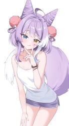 1girl absurdres ahoge blue_eyes cone_hair_bun fox_girl fox_tail hair_bun hair_ornament hair_rings heterochromia highres multicolored_hair pom_pom_(clothes) pom_pom_hair_ornament prock purple_hair purple_tail short_hair shorts simple_background solo stellive streaked_hair tail tank_top tenko_shibuki two-tone_tail virtual_youtuber white_background white_hair white_tank_top yellow_eyes