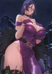 1girl absurdres alternate_costume black_choker blue_eyes blush breasts choker closed_mouth commentary day dress earrings english_commentary fate/grand_order fate_(series) gloves gun hands_on_own_chest highres holstered hoop_earrings jewelry kakeku large_breasts long_hair looking_at_viewer minamoto_no_raikou_(exhibition_attire)_(fate) minamoto_no_raikou_(fate) necklace night outdoors paid_reward_available purple_dress purple_gloves purple_hair solo thigh_strap thighs weapon