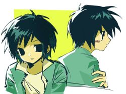 1boy black_eyes black_hair buzhidaoshenmexiangchangmao gakuran highres looking_at_viewer male_focus multiple_views randal&#039;s_friends school_uniform short_hair simple_background tsukada_satoru upper_body yellow_background