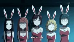 5girls ahoge animal_ears animated animated_gif anrakutei_kukuru bare_shoulders black_hair blonde_hair blue_eyes blush bouhatei_tetora bow bowtie breasts brown_eyes brown_hair brown_legwear buratei_marii cleavage detached_collar fake_animal_ears fake_ears glasses green_eyes green_hair haroukitei_kigurumi joshiraku kuurubiyuutei_gankyou leotard long_hair lowres multiple_girls pantyhose playboy_bunny ponytail rabbit_ears rabbit_tail red_hair short_hair smile subtitled tail wrist_cuffs yellow_eyes