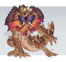 alternate_form animal_focus animal_frills artist_name claws commentary deathclaw endivinity english_commentary fallout fangs full_body grey_background highres horns lizard monster no_humans open_mouth original scales signature simple_background solo tail two-tone_background watermark