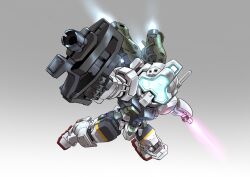 absurdres aiming assault_visor asymmetrical_dual_wielding beam_rifle blue_visor chibi chinese_commentary commentary_request dual_wielding energy_gun energy_sword exhaust flying foreshortening gelgoog_(gquuuuuux) grey_background gun gundam gundam_gquuuuuux highres holding holding_gun holding_sword holding_weapon making-of_available mecha mecha_focus mobile_suit no_humans radio_antenna robot science_fiction sd_gundam solo sword thrusters weapon zakuma