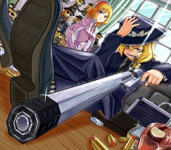 2girls alice_margatroid alternate_costume bad_anatomy bad_proportions blonde_hair blue_eyes bottle braid bullet cigar cognac contemporary curtains doll feet_on_table female_focus formal_clothes gangster gun hair_ribbon hairband handgun hat highres kirisame_marisa lighter mafia matching_shanghai mima_(touhou) mini-hakkero multiple_girls necktie pant_suit pants poorly_drawn revolver ribbon seiryouinryousui shanghai_doll shoes short_hair sitting smile smoking socks striped_clothes striped_socks submachine_gun suit touhou touhou_(pc-98) vertical-striped_clothes vertical-striped_socks weapon window witch witch_hat yellow_eyes yukkuri_shiteitte_ne