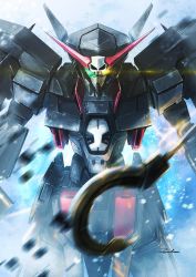 glowing glowing_eye gundam gundam_age gundam_age-2_darkhound hook mecha mobile_suit no_humans robot science_fiction signature solo taka-f v-fin yellow_eyes