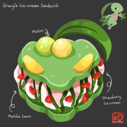arrow_(symbol) artist_logo artist_name character-themed_food character_name food food_focus food_name fruit gen_3_pokemon grey_background grovyle highres ice_cream ice_cream_sandwich logo melon melon_slice nintendo no_humans pokemon pokemon_(creature) simple_background syrup yuki00yo