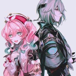 1boy anaxa_(honkai:_star_rail) aqua_hair beret closed_mouth gradient_hair hat highres honkai:_star_rail honkai_(series) looking_at_viewer medium_hair mg_omom multicolored_hair pink_hair red_hat smile twintails twitter_username upper_body