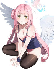 1girl absurdres blue_archive blue_camisole blush bra breasts brown_thighhighs camisole cleavage commentary donut_hair_bun double_strap_slip feathered_wings full_body hair_bun halo highres indian_style long_hair looking_at_viewer medium_breasts mika_(blue_archive) panties pink_hair red_bra red_panties rnjs4967 scrunchie simple_background single_side_bun sitting solo thighhighs underwear very_long_hair white_background white_wings wings wrist_scrunchie