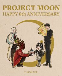 1boy 1girl 2others angela_(project_moon) animal_ears anniversary bag black_eyes black_footwear black_hair black_necktie black_pants black_skirt black_suit black_vest blossomseol02 blue_hair boots bouquet cake cake_decoration candle clock coat collared_shirt commentary_request crescent_moon cyclops_(project_moon) dante_(limbus_company) dog_ears dog_tail english_text enkephalin_(project_moon) eyewear_on_head fire flower food formal_clothes gift handbag highres holding holding_bouquet jacket jang_schna lab_coat library_of_ruina limbus_company lobotomy_corporation logo long_hair moon multicolored_hair multiple_others necktie object_head pants project_moon red_coat red_necktie roland_(project_moon) shirt shoes side_ponytail skirt suit sunglasses tail vest white_footwear white_hair white_jacket white_shirt yellow_eyes