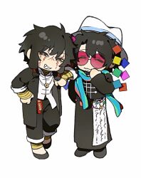 2boys :3 bandaged_arm bandaged_leg bandages black_coat black_eyes black_hair black_pants black_shoes bo_li_wei_shubing bright_pupils chinese_commentary closed_eyes closed_mouth coat coin coin_on_string collared_shirt commentary_request deformed elbow_on_another&#039;s_shoulder facial_tattoo film_grain grin hand_on_own_cheek hand_on_own_face hand_on_own_hip hat highres holed_coin huai_yunqing jewelry long_sleeves male_focus medium_hair multicolored_scarf multiple_boys necklace pants red-tinted_eyewear round_eyewear scarf shirt shirt_partially_tucked_in shoes short_hair simple_background sleeves_rolled_up smile tattoo tinted_eyewear touqi_guaitan white_background white_hat white_pupils white_shirt ziche_fuzhao