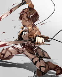 1boy 218 ascot belt blood boots dual_wielding holding jacket levi_(shingeki_no_kyojin) male_focus shingeki_no_kyojin solo sword thigh_strap three-dimensional_maneuver_gear weapon wire