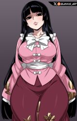 1girl absurdres arms_at_sides artist_name black_eyes black_hair blannis bow bowtie breasts closed_mouth cowboy_shot curvy eyebrows eyelashes female_focus highres houraisan_kaguya large_breasts lips long_hair looking_at_viewer matching_hair/eyes no_pupils pink_shirt purple_background purple_skirt serious shaded_face shirt simple_background skirt sleeves_past_fingers sleeves_past_wrists solo standing touhou white_bow white_bowtie wide_hips