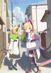 Rule 34 | 2girls, absurdres, animal ear headphones, animal ears, black shoes, black skirt, black thighhighs, blonde hair, blue archive, blue bow, blue necktie, blush, bow, cat ear headphones, cat tail, cityscape, closed mouth, fake animal ears, fake tail, from behind, green bow, green eyes, green halo, hair bow, halo, headphones, highres, looking at viewer, midori (blue archive), momoi (blue archive), multiple girls, necktie, open mouth, pink eyes, pink halo, red bow, sanwenyu juan bing, shirt, shoes, short hair, skirt, sleeves past fingers, sleeves past wrists, tail, thighhighs, white shirt