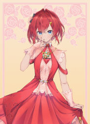 1girl ange_katrina ange_katrina_(3rd_costume) ayuko_ammobium black_bow blue_eyes border bow breasts bridal_gauntlets closed_mouth collared_dress commentary_request cowboy_shot crossed_bangs dot_nose dress earrings floral_background floral_print floral_print_dress gold_necklace hair_between_eyes hair_bow hair_intakes hair_ornament hand_to_own_mouth hand_up highres inset_border jewelry lace_bridal_gauntlets layered_dress looking_at_viewer medium_hair necklace nijisanji outside_border pink_border pink_bridal_gauntlets pink_dress print_dress red_dress red_hair skirt_hold sleeveless sleeveless_dress small_breasts smile solo straight-on triangle_earrings triangle_hair_ornament triangle_necklace virtual_youtuber wing_earrings yellow_background
