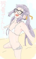 armpits bikini blunt_bangs breasts flat_chest glasses groin highres long_hair micro_bikini nipple_slip nipples off_shoulder oogaki_chiaki purple_hair simple_background small_breasts smile solo sweat swimsuit thighs white_background white_bikini yurucamp