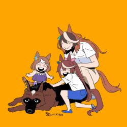 Rule 34 | 3girls, :d, animal ears, animalization, blue shorts, brown hair, closed eyes, closed mouth, commentary request, dog, earclip, full body, german shepherd, horse ears, horse girl, horse tail, multicolored hair, multiple girls, onikobe rin, open mouth, orange background, petting, shirt, shorts, simple background, sirius symboli (umamusume), smile, squatting, symboli rudolf (umamusume), tail, tokai teio (umamusume), tsurumaru tsuyoshi (umamusume), two-tone hair, umamusume, white shirt