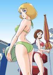 2girls absurdres aobito_sukoyaka_bystander ass ball beach_umbrella bikini blonde_hair blue_eyes bob_cut breasts brown_eyes brown_hair closed_umbrella commentary_request day green_bikini gundam haro highres holding holding_ball mecha mirai_yashima mobile_suit_gundam multiple_girls navel outdoors red_bikini robot rx-78-2_gundam sayla_mass small_breasts standing swimsuit umbrella