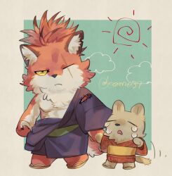 2boys aizawa_(nh_st) arm_out_of_sleeve body_fur chibi child claws crying full_body furry furry_female highres holding_hands japanese_clothes kimono male_focus multiple_boys one_eye_closed original ponytail purple_kimono red_fur red_hair scar scar_across_eye scar_on_face short_hair sun_symbol tail wolf_boy yellow_eyes