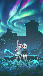 2girls :d absurdres ahoge arlecchino_(genshin_impact) arm_up aurora banjie black_eyes black_hair black_ribbon black_shirt black_shorts chinese_commentary clervie_(genshin_impact) closed_mouth commentary_request dress genshin_impact grass green_eyes hairband highres long_hair long_sleeves multicolored_hair multiple_girls nail_polish neck_ribbon night night_sky open_mouth outdoors outstretched_arm pink_hair red_nails ribbon ruins shirt short_hair short_sleeves shorts sitting sky smile symbol-shaped_pupils two-tone_hair white_dress white_hair white_hairband x-shaped_pupils