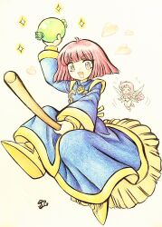2girls blue_robe blush bob_cut bracelet broom broom_riding candy chibi cotton_(character) cotton_(game) fairy fairy_wings food heart highres holding holding_broom holding_food jewelry looking_at_viewer multiple_girls poporoyama red_eyes red_hair robe saliva short_hair signature silk_(cotton) sparkle sparkling_eyes traditional_media wings witch