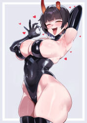 1girl absurdres alternate_costume areola_slip armpits asymmetrical_horns black_gloves black_leotard black_thighhighs blue_archive blush breasts broken_horn covered_erect_nipples covered_navel demon_girl demon_horns earrings elbow_gloves fellatio_gesture gloves heart highleg highleg_leotard highres hoop_earrings horns jewelry large_breasts leotard looking_at_viewer mixed-language_commentary mole mole_under_eye niya_(blue_archive) ok_sign one_eye_closed open_mouth orange_eyes outside_border red_horns saliva saliva_trail short_hair skindentation sleeveless_turtleneck_leotard smile solo tai_mian_meng_meng thick_thighs thighhighs thighs tongue tongue_out