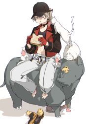 1girl alternate_costume animal animal_on_shoulder azur_lane barefoot baseball_cap black_choker black_jacket brown_hair cat choker closed_mouth collarbone eating food full_body gloves grey_pants hair_between_eyes hair_through_headwear hat hatski.sin high_ponytail highres holding holding_food jacket jean_bart_(azur_lane) long_hair long_sleeves manjuu_(azur_lane) midriff multicolored_jacket navel open_clothes open_jacket pants ponytail red_gloves red_jacket riding sandwich shadow shoes simple_background sitting sneakers solo two-tone_jacket unworn_shoes white_background