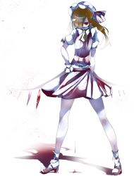 1girl ascot bare_legs blonde_hair blood blood_from_mouth blood_on_clothes collar commentary_request crystal demon_wings female_focus flandre_scarlet frilled_collar frilled_shirt_collar frills full_body hand_on_own_hip hat hat_ribbon highres ikurauni low_wings mary_janes no_neck ponytail puffy_short_sleeves puffy_sleeves red_eyes red_ribbon red_shoes red_skirt red_vest ribbon shaded_face shirt shoes short_sleeves skirt socks solo touhou vest white_shirt white_socks wings wrist_cuffs
