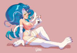 1girl animal_ears animal_hands blue_hair breasts cat_ears cat_tail darkstalkers felicia_(darkstalkers) green_eyes large_breasts long_hair looking_at_viewer nipples one_eye_closed sitting tail teeth theartofvero v very_long_hair wink