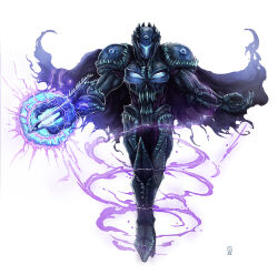 1boy absurdres arm_cannon biomechanical blue_eyes blue_visor cape carapace claws concept_art dark_samus energy_ball extra_eyes extra_faces extra_mouth floating full_body genderswap highres metroid metroid_prime_3:_corruption nintendo outstretched_arms redesign ricardomango sharp_teeth smoke smoke_trail solo spikes spread_arms super_smash_bros. teeth torn_cape torn_clothes visor_(armor) weapon white_background
