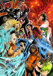 1girl 6+boys aang american_dragon_jake_long avatar:_the_last_airbender avatar_legends bald baseball_cap ben_10 ben_tennyson black_coat black_hair blonde_hair blue_eyes blue_shirt blue_skin bow bowtie brown_gloves brown_hair capelet character_request coat colored_sclera colored_skin commentary_request copyright_request crossover dark-skinned_male dark_skin dc_comics debris electricity fire formal_clothes fur-trimmed_hood fur_trim generator_rex gloves goggles goggles_on_eyes goggles_on_head green_bow green_bowtie green_eyes green_hair green_shirt grey_hat grey_skin grin hands_in_pockets hat highres homestuck hood hood_up hoodie jacket jake_long kenny_mccormick long_hair mask mechanical_arms multiple_boys nine_(ninevsnine) omnitrix open_mouth orange_capelet orange_goggles orange_hoodie popped_collar red_hair red_jacket rex_salazar rock sharp_teeth shirt short_hair smile smurf south_park suit teen_titans teeth terra_(dc) the_smurfs transformation two-tone_shirt white_hat white_jacket white_shirt yellow_eyes yellow_sclera