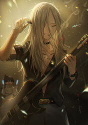 2boys ^_^ absurdres androgynous bishounen black_clover black_hair black_shirt blonde_hair brothers chain chain_necklace cheering cigar cigarette closed_eyes collar electric_guitar grin guitar highres holding holding_guitar holding_instrument holding_plectrum instrument jewelry long_hair male_focus morgen_faust mouth_hold multiple_boys nacht_faust necklace open_clothes open_shirt plectrum ponytail shirt siblings smile smoke smoking tsugutoku twins unbuttoned unbuttoned_shirt