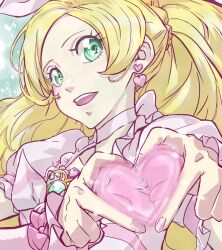 Rule 34 | 1girl, :d, blonde hair, bow, braid, choker, chou haijin chiyo, cure rhythm, dress, earrings, eighth note, four-finger heart hands, green eyes, heart, heart earrings, heart hands, highres, jewelry, long hair, magical girl, musical note, open mouth, precure, puffy sleeves, smile, solo, suite precure, white choker, white dress