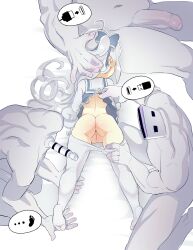 1girl 3boys absurdres ass clothes_pull cyborg highres large_penis loli long_hair lying madobe_ichika microsoft_windows multiple_boys muscular muscular_male on_stomach os-tan pantyhose pantyhose_pull penis pussy rodecchi simple_background usb white_background white_hair white_pantyhose windows_11