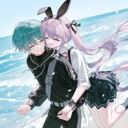 1boy 1girl :d ^_^ animal_ears black_hairband black_jacket black_pants black_ribbon black_skirt black_socks blue_sky chaos_(g_ieep) closed_eyes collared_shirt commentary_request day drawstring fake_animal_ears feet_out_of_frame g_ieep green_hair grey_hair hair_ornament hair_ribbon hairband highres hood hood_down hooded_jacket horizon jacket long_hair maplestory neck_ribbon nicky_angler ocean open_mouth original outdoors pants pleated_skirt rabbit_ears red_ribbon ribbon shirt skirt skull_hair_ornament sky smile socks standing standing_on_one_leg suspender_skirt suspenders twintails very_long_hair water white_shirt
