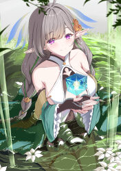 1girl absurdres azur_lane bare_shoulders black_gloves braid breasts closed_mouth collarbone covered_navel evertsen_(azur_lane) fingerless_gloves flower frilled_sleeves frills gloves grey_hair hands_up highres large_breasts long_hair looking_at_viewer low_twin_braids orange_flower pointy_ears purple_eyes seiza sitting smile solo twin_braids very_long_hair water white_flower wisdom_cube_(azur_lane) xstetra