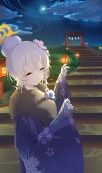 Rule 34 | 1girl, :d, ^ ^, absurdres, backlighting, blue archive, blue kimono, bow, braid, cherry blossom print, chinese commentary, closed eyes, cloud, commentary request, cowboy shot, crescent moon, facing viewer, floral print, floral print kimono, flower, fur-trimmed kimono, fur trim, grass, grey hair, grin, hair bow, hair bun, hair flower, hair ornament, halo, hands up, happy, haruna (blue archive), haruna (new year) (blue archive), highres, japanese clothes, kanzashi, kimono, lantern, lcz, long sleeves, medium hair, moon, new year, night, night sky, official alternate costume, official alternate hairstyle, open mouth, orange halo, outdoors, pink flower, print kimono, scenery, single braid, single hair bun, sky, smile, solo, stairs, torii, white bow, wide sleeves, wooden lantern