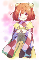 1girl :d apron bell blush checkered_clothes checkered_kimono commentary_request cowboy_shot hair_bell hair_ornament japanese_clothes kimono long_sleeves looking_at_viewer motoori_kosuzu open_mouth orange_hair own_hands_together red_eyes red_kimono short_hair smile solo tanasuke touhou two_side_up white_kimono wide_sleeves yellow_apron