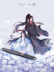 2boys absurdres ahoge bishounen black_hair black_hanfu bug butterfly chinese_clothes chinese_commentary chinese_text closed_eyes closed_mouth copyright_name dizi floating_hair flower flute flute_tassel full_body grey_eyes guqin hair_flower hair_ornament hair_ribbon hanfu headband high_ponytail highres holding holding_flute holding_instrument insect instrument lan_wangji light_particles long_hair long_sleeves looking_at_viewer male_focus modao_zushi multiple_boys music official_art parted_lips playing_instrument ponytail red_ribbon ribbon robe sash seiza sidelocks sitting sleeves_past_wrists smile smoke standing tassel topknot transverse_flute very_long_hair watermark wei_wuxian weibo_watermark white_butterfly white_flower white_hanfu white_headband wide_sleeves xiao_guan_(headdress) yaoi yaopei yellow_eyes
