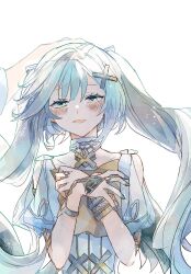 1girl aqua_eyes aqua_hair aqua_nails aqua_pupils arm_cutout arrow_print blunt_bangs blush capelet collarbone curled_fingers dress eyelashes faruzan_(genshin_impact) genshin_impact ghost gold hair_ornament headpat highres holding holding_paper jewelry long_hair looking_at_viewer lowered_eyelids middle_ring neck_ring open_mouth ottottouta own_hands_together paper puffy_sleeves short_sleeves sidelocks smile symbol-shaped_pupils triangle-shaped_pupils twintails upper_body white_background white_dress white_sleeves bracelet x_hair_ornament